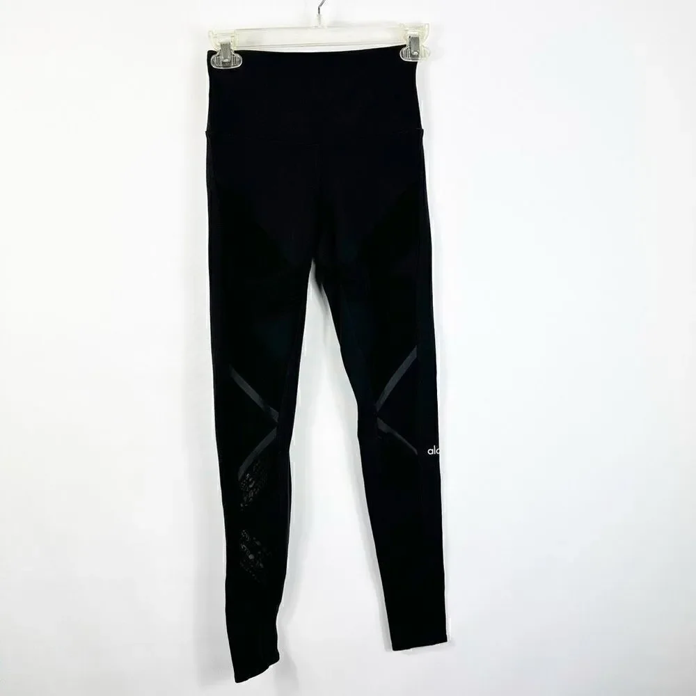 Alo Black Leggings High Rise Sheer Mesh Legs Pin Tuck Size XS Inseam 28